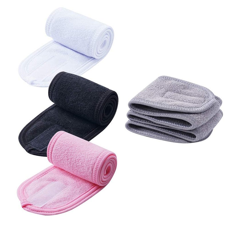 TDHDIKE 4 PCS Facial Spa Headbands(White, Black, Pinkï¼ŒGray)ï¼Œ Makeup Shower Bath Wrap Sport Headband Terry Cloth Stretch Towel with Magic Tape - Image 1